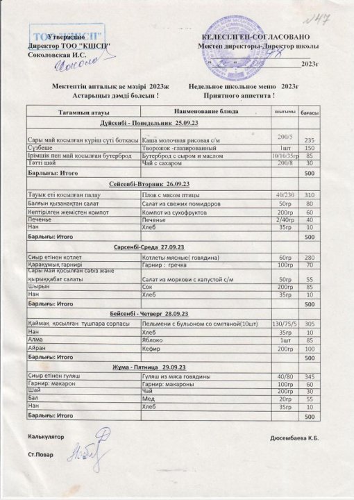 25.09.2023-29.09.2023 оқу жылының ас мәзірі