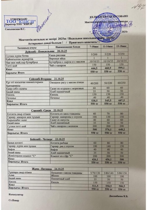 20.10-25.10.2025ж апталық ас мәзір