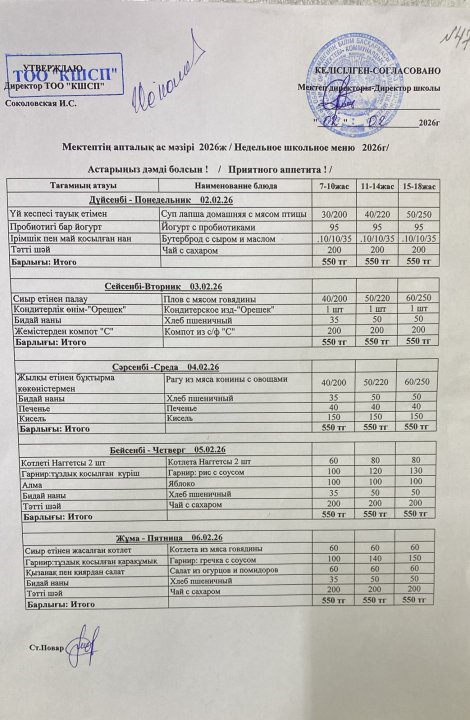 02.02.2026-06.02.2026ж апталық ас мәзір