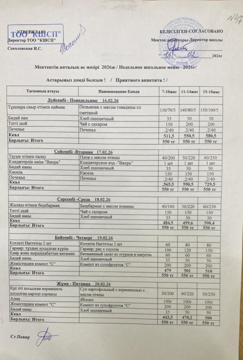 16.02.2026-20.02.2026 ж апталық ас мәзір