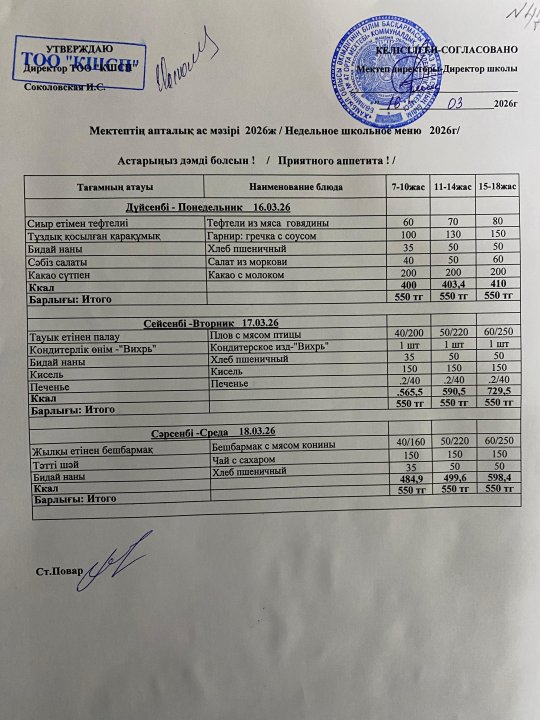 16.03.2026-18.03.2026 ж апталық ас мәзір