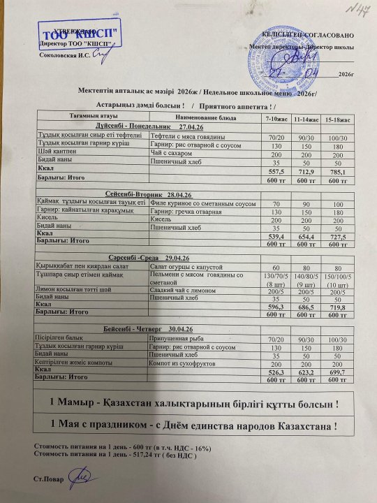 27.04.2026-30.04.2026 ж мектептің апталық ас мәзірі